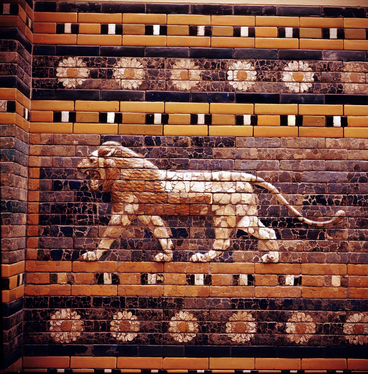 Tegelrelief av ett lejon på den heliga vägens väggar som leder till Ishtarporten, Babylon, c580 f.Kr. av Unbekannt