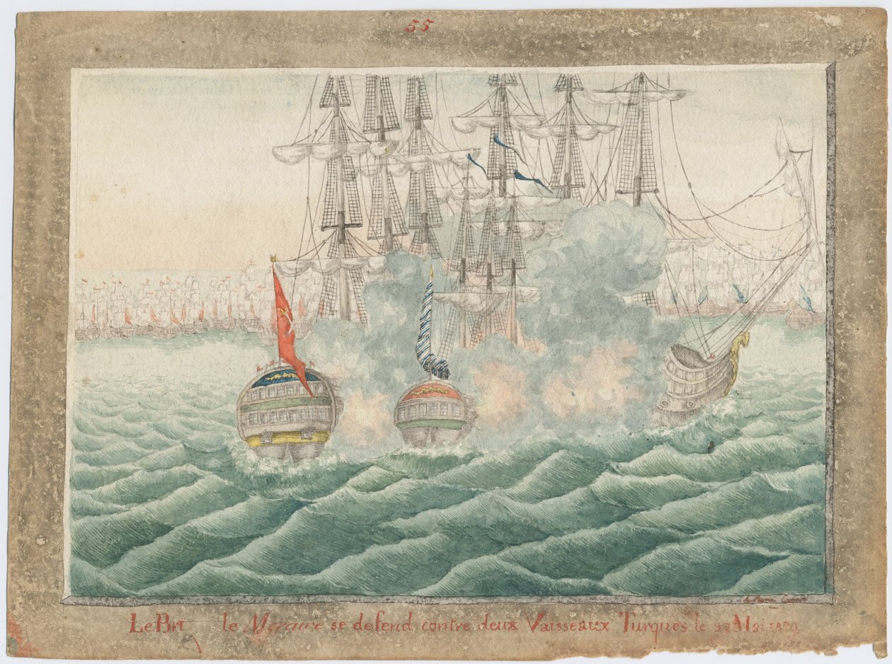 Brig Mercury slåss mot två turkiska fartyg den 14 maj 1829, 1829 av Unbekannt