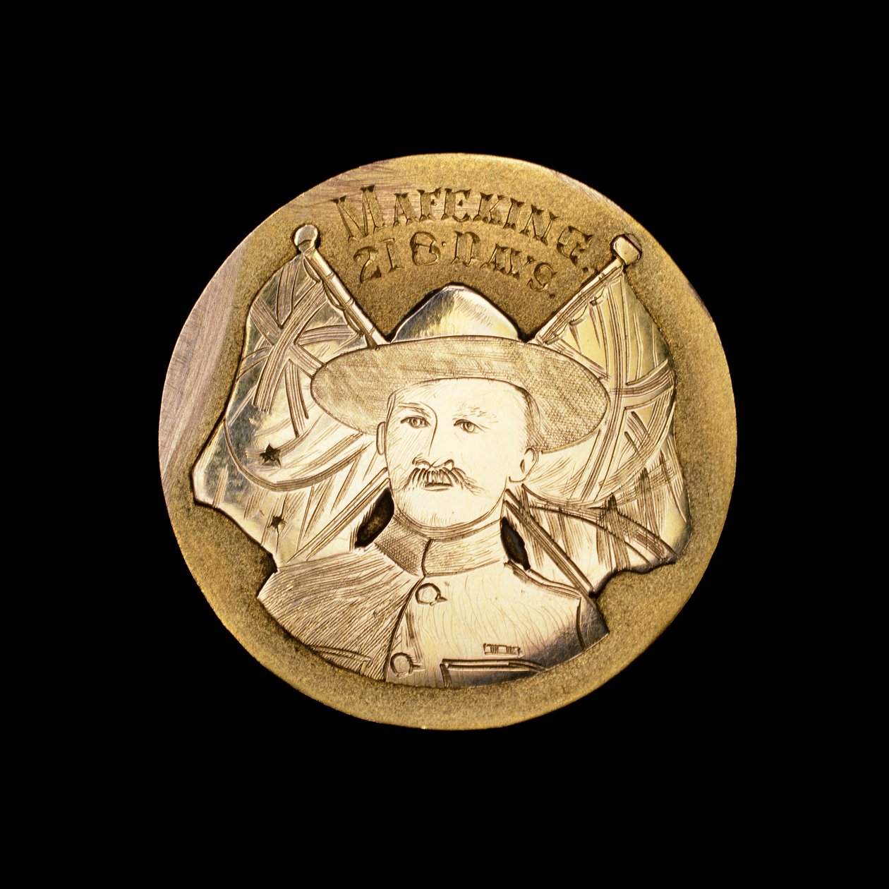Brittisk boerkrigsmedalj som hyllar försvaret mot belägringen av Mafeking och föreställer Robert Baden-Powell (foto) av Unbekannt