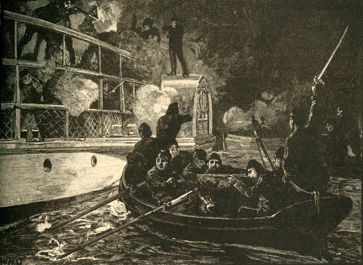Brittiska styrkor fångade det kanadensiska rebellskeppet Caroline på Niagarafloden, 1837 c1890. av Unbekannt