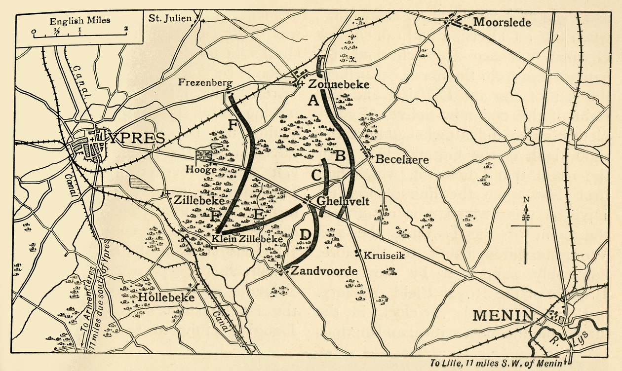 Brittiska positioner före det första slaget vid Ypres, första världskriget, 1914, c1920. av Unbekannt