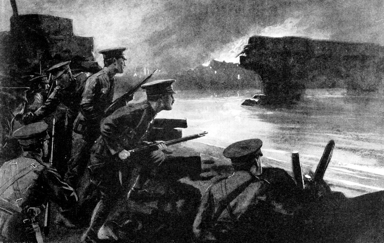 Brittiska trupper på flodstranden förberedde sig för tysk framryckning, Belgien, första världskriget, 1914 av Unbekannt