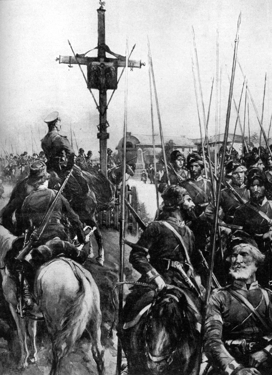 Brittiska trupper passerar genom en galicisk by, Spanien, första världskriget, 1914 av Unbekannt