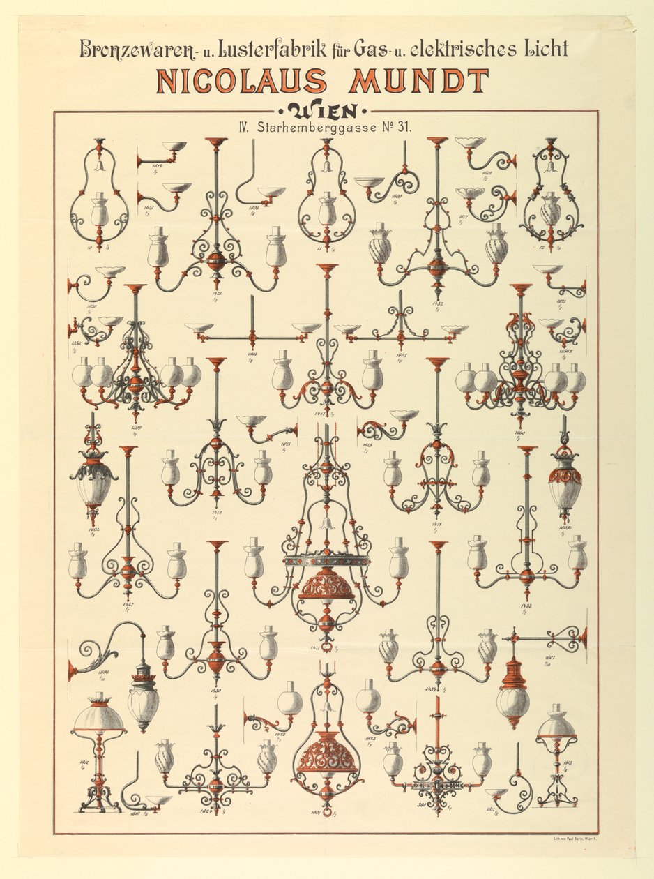 Broadside, annons för gasbelysningsarmaturer, ca. 1895 av Unbekannt