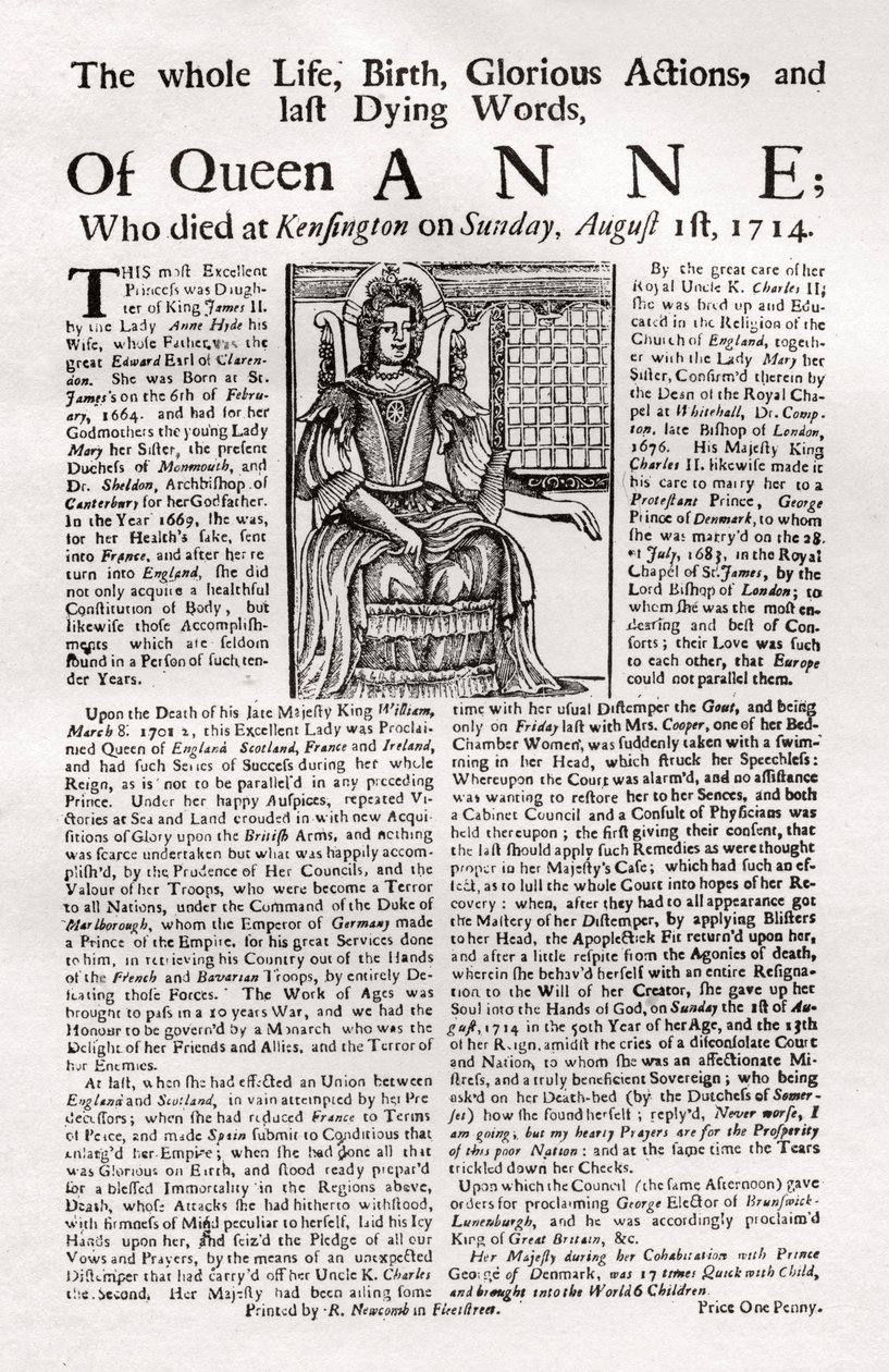 Broadside publicerad om drottning Annes död, 1714 1906 av Unbekannt