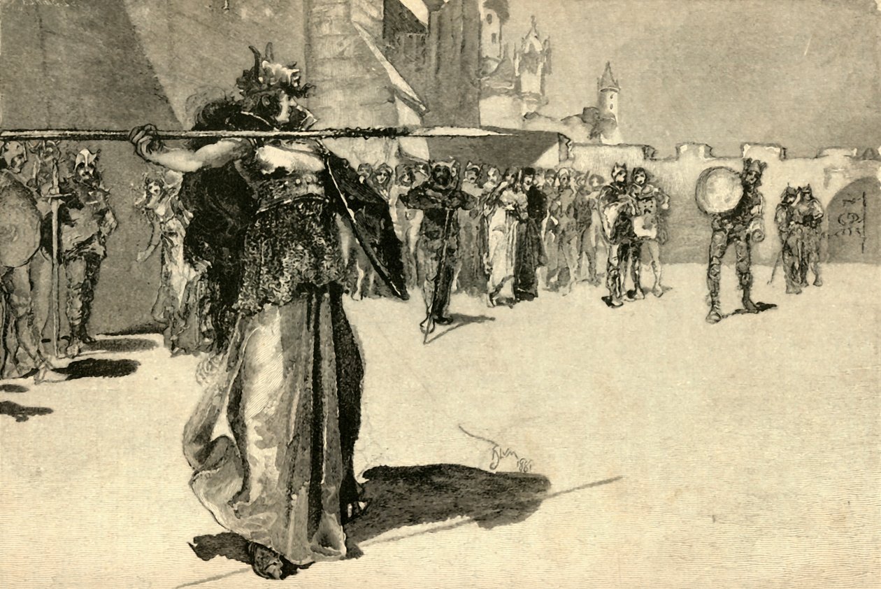 Brunhild, The Warrior-Queen, kastar sitt spjut mot Gunthers Shield, 1882. av Unbekannt