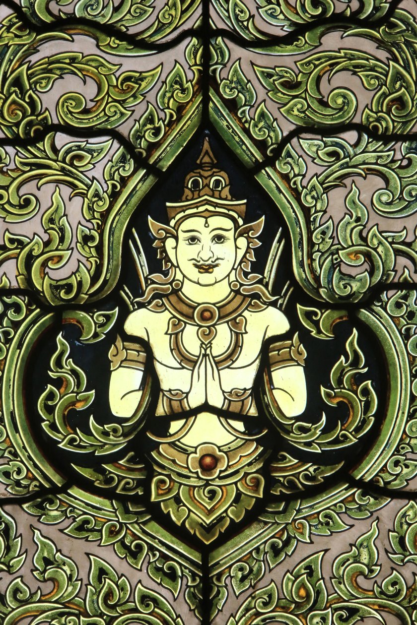 Buddha. Fönster i målat glas. Marmor tempel. Wat Benchamabophit Dusitvanaram Ratchaworawiharn. 1899. Bangkok. Thailand av Unbekannt