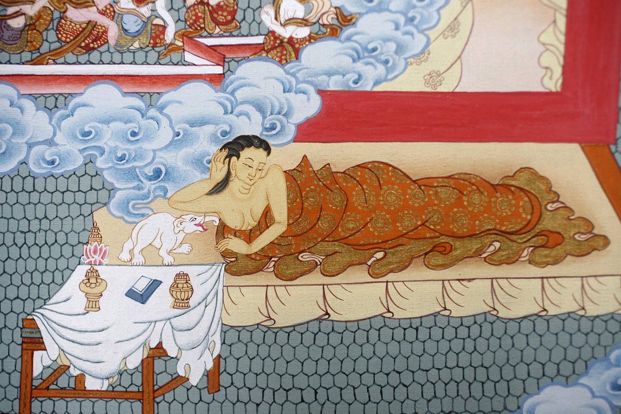 Buddhas mamma drömmer om en vit elefant. Thangka, Bhaktapur, Nepal av Unbekannt