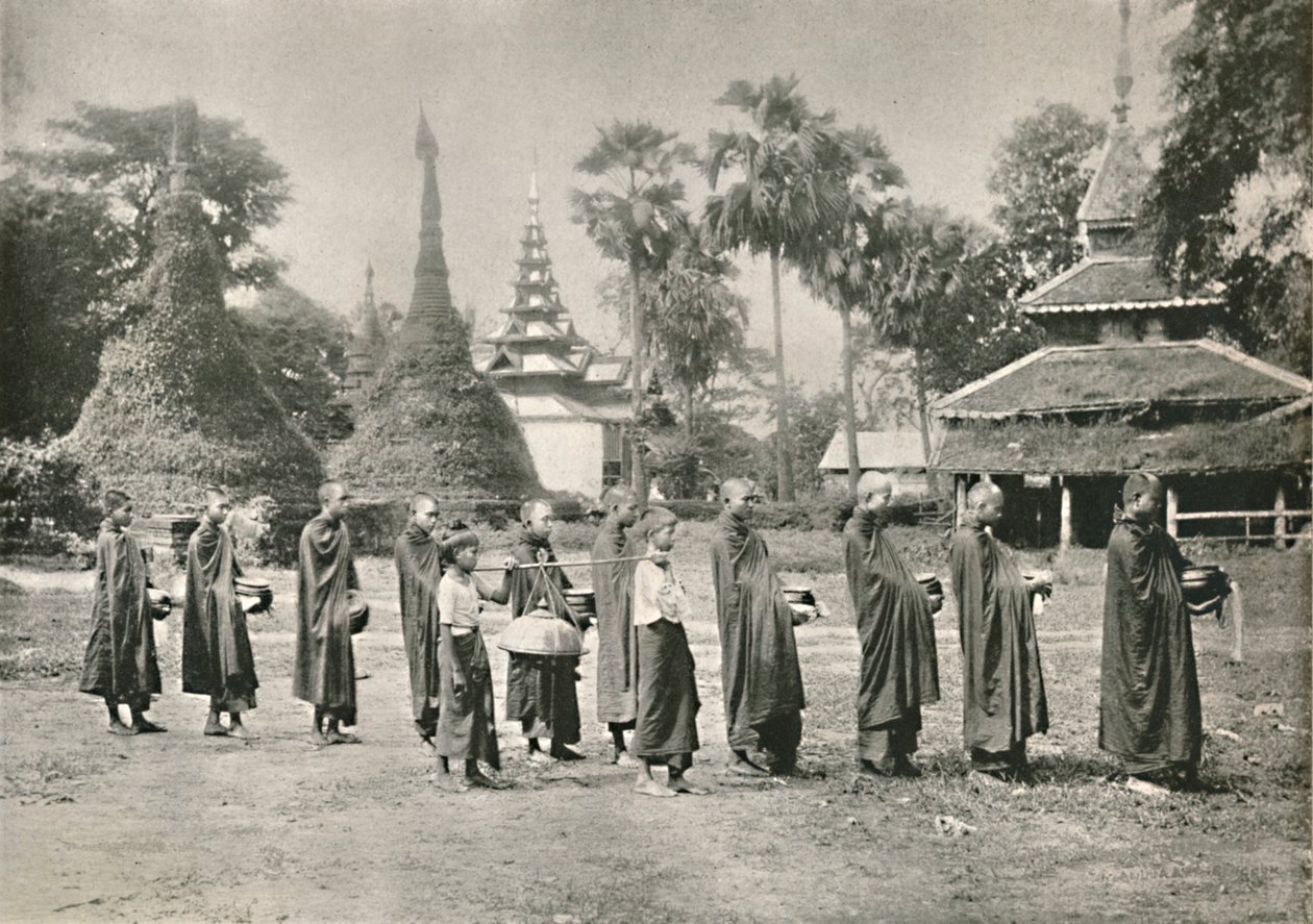 Burmesiska Phoongyies samlar allmosor, 1900. av Unbekannt