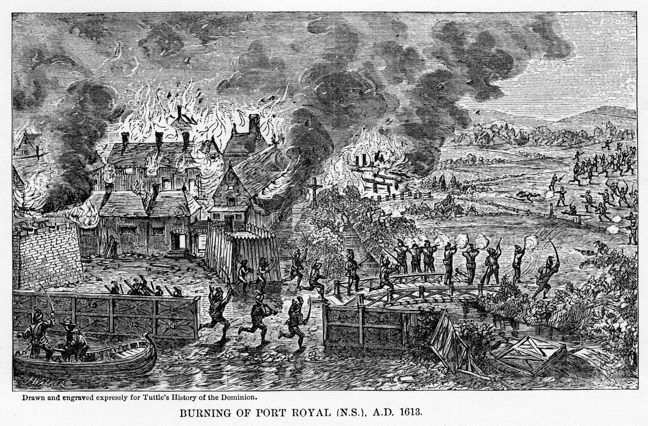 Bränning av Port Royal Nova Scotia, AD 1613, 1877 av Unbekannt