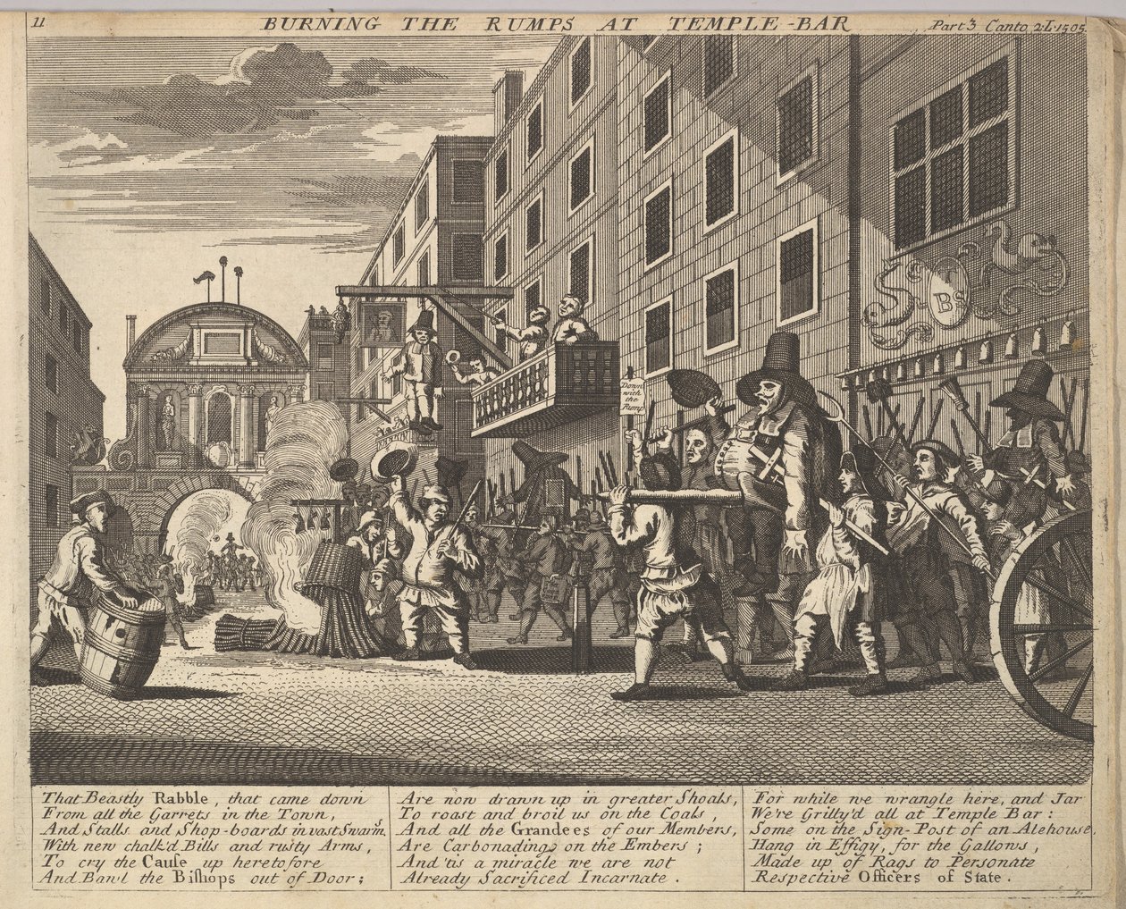 Burning the Rumps at Temple Bar Plate 11: Illustrationer till Samuel Butlers Hudibras, 1725-30. av Unbekannt