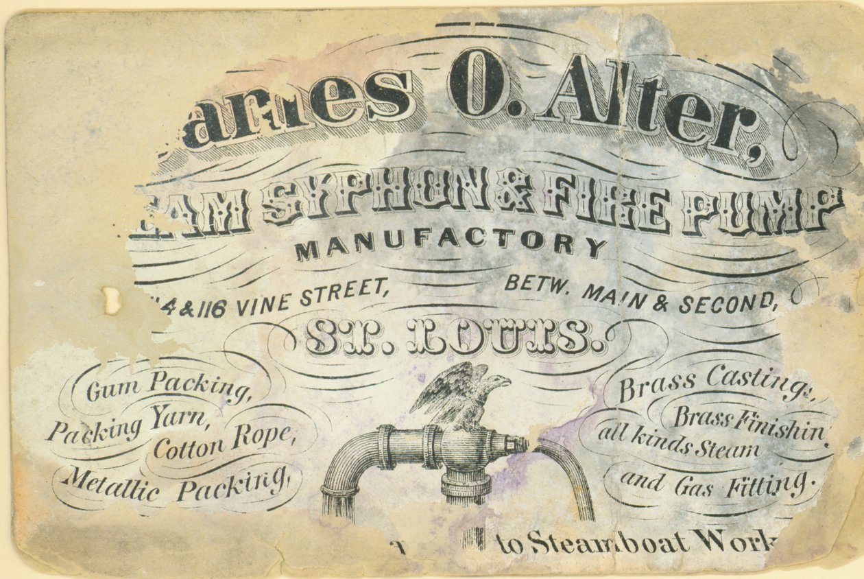 Business card of James O. Alter, steam syphon and fire pump manufactory, St. Louis, ca. 1870 av Unbekannt