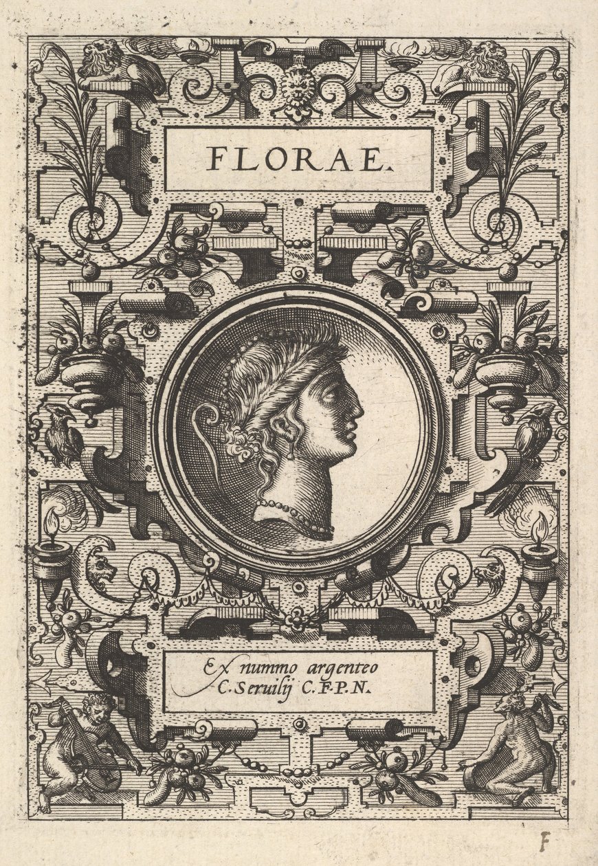 Byst av Florae omgiven av remmar, från serien Deorum dearumque, en bilduppsättning..., 1573. av Unbekannt