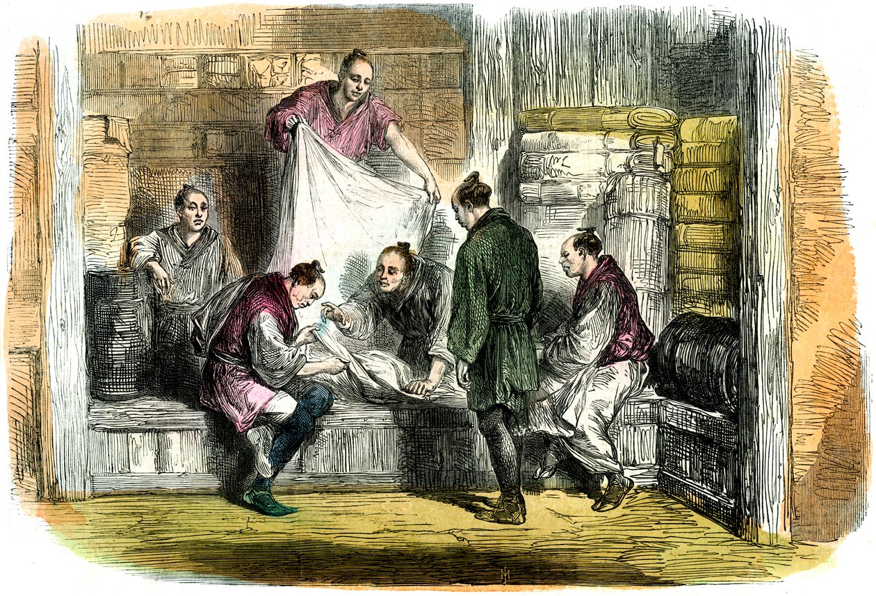 Köper kamletter i en butik, Yokohama, Japan, 1865 av Unbekannt