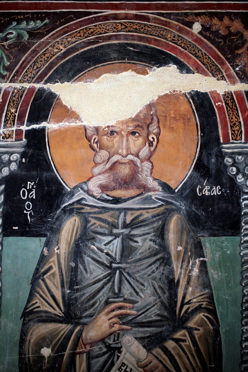Bysantinsk fresk från 1400-talet (detalj) Saint Sabas Väggmålning Michael Archangel Chapel, Galata by Cypern Målade kyrkor UNESCO-plats Troodos, Cypern av Unbekannt