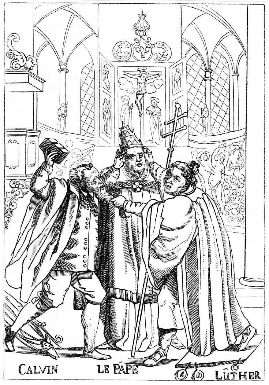 Calvin, Luther och påven kämpar mot varandra, publicerad 1600 av Unbekannt