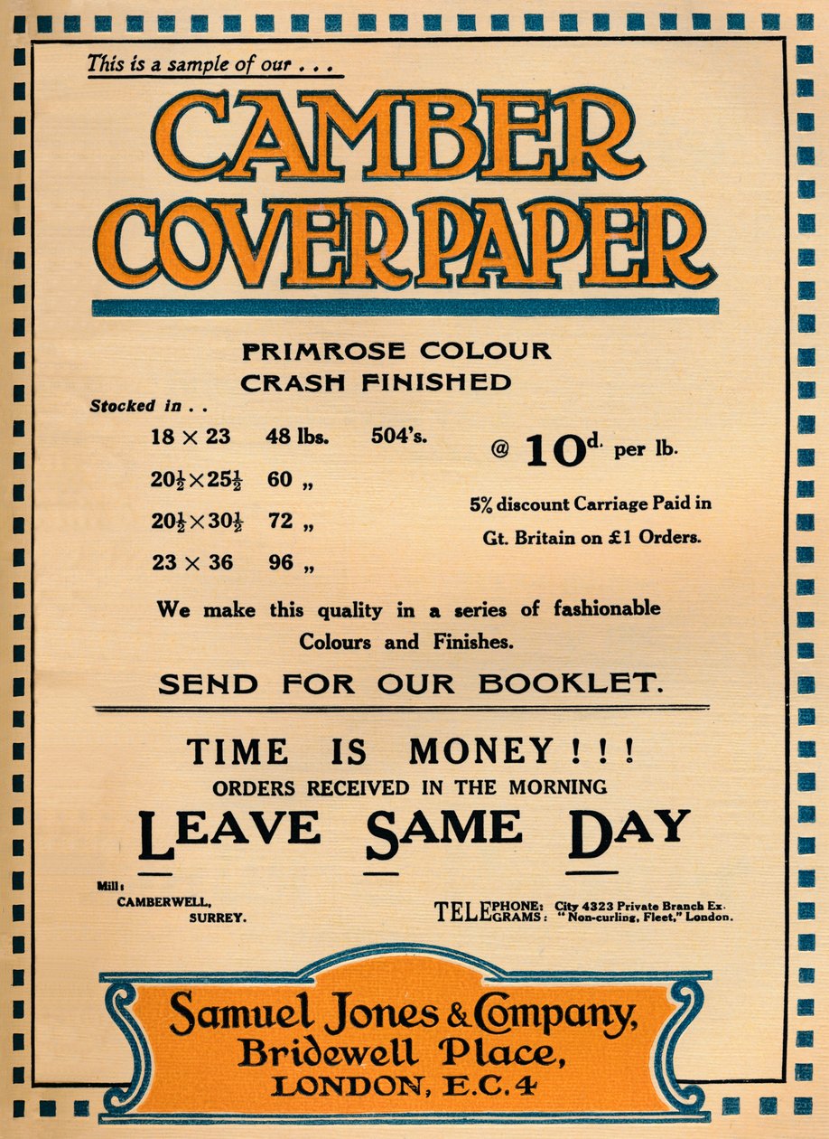 Camber Coverpaper - Samuel Jones & Company-annons, 1919 av Unbekannt