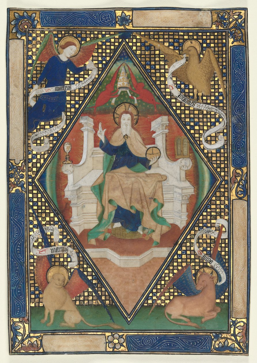 Kanonsida från ett missal: Kristus i majestät med evangelister, ca. 1410. av Unbekannt