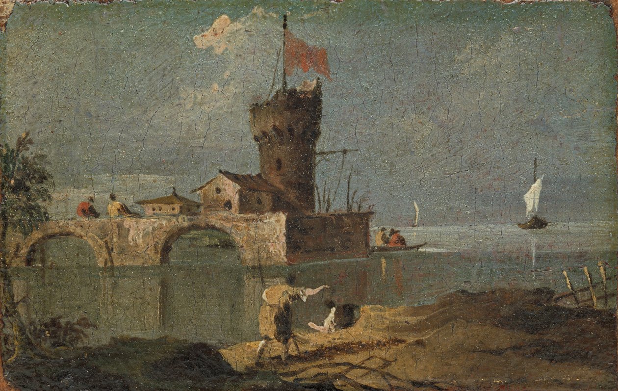 Capriccio med ett cirkulärt torn, två hus och en bro, 1700-tal. av Unbekannt