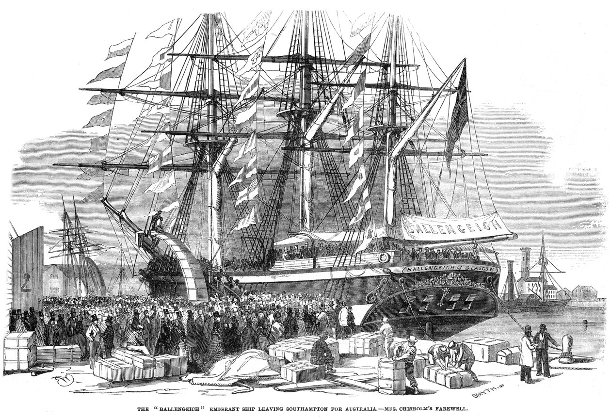 Caroline Chisholm talar till en folkmassa från emigrantskeppet Ballengeich, 1852 av Unbekannt
