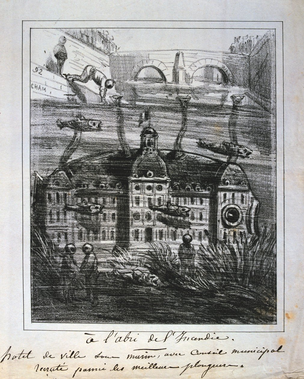 Tecknad filmförslag om att bygga om Hotel de Ville under vatten för att förhindra brand, Paris Commune, 1871. av Unbekannt