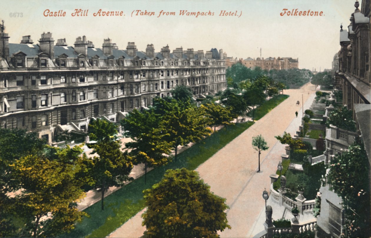 Castle Hill Avenue. Taget från Wampachs Hotel. Folkestone, sent 1800-tidigt 1900-tal av Unbekannt