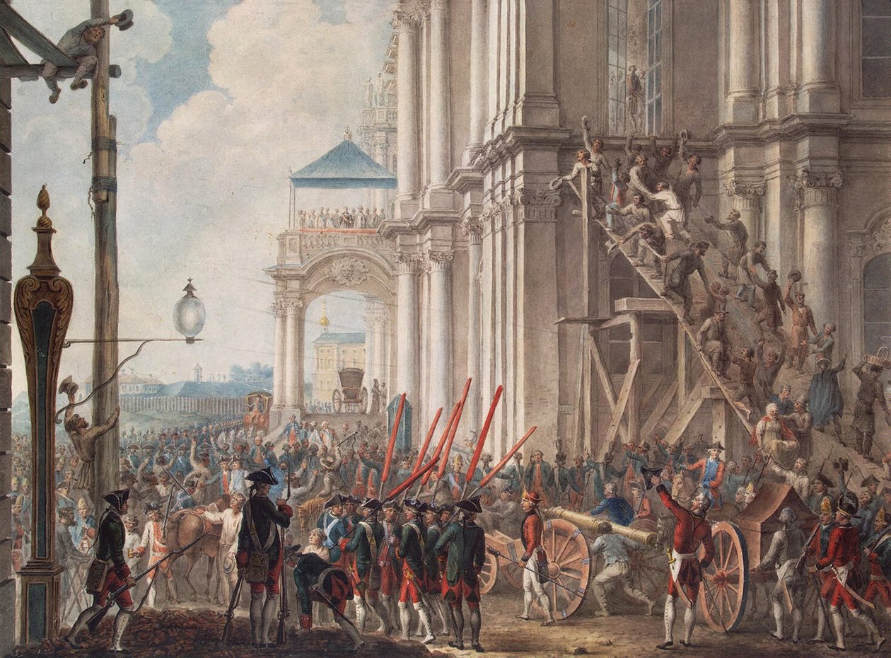 Katarina II på vinterpalatsets balkong, hälsad av vakterna på palatsrevolutionens dag den 28 juni 1762, sent 1700-tal. av Unbekannt