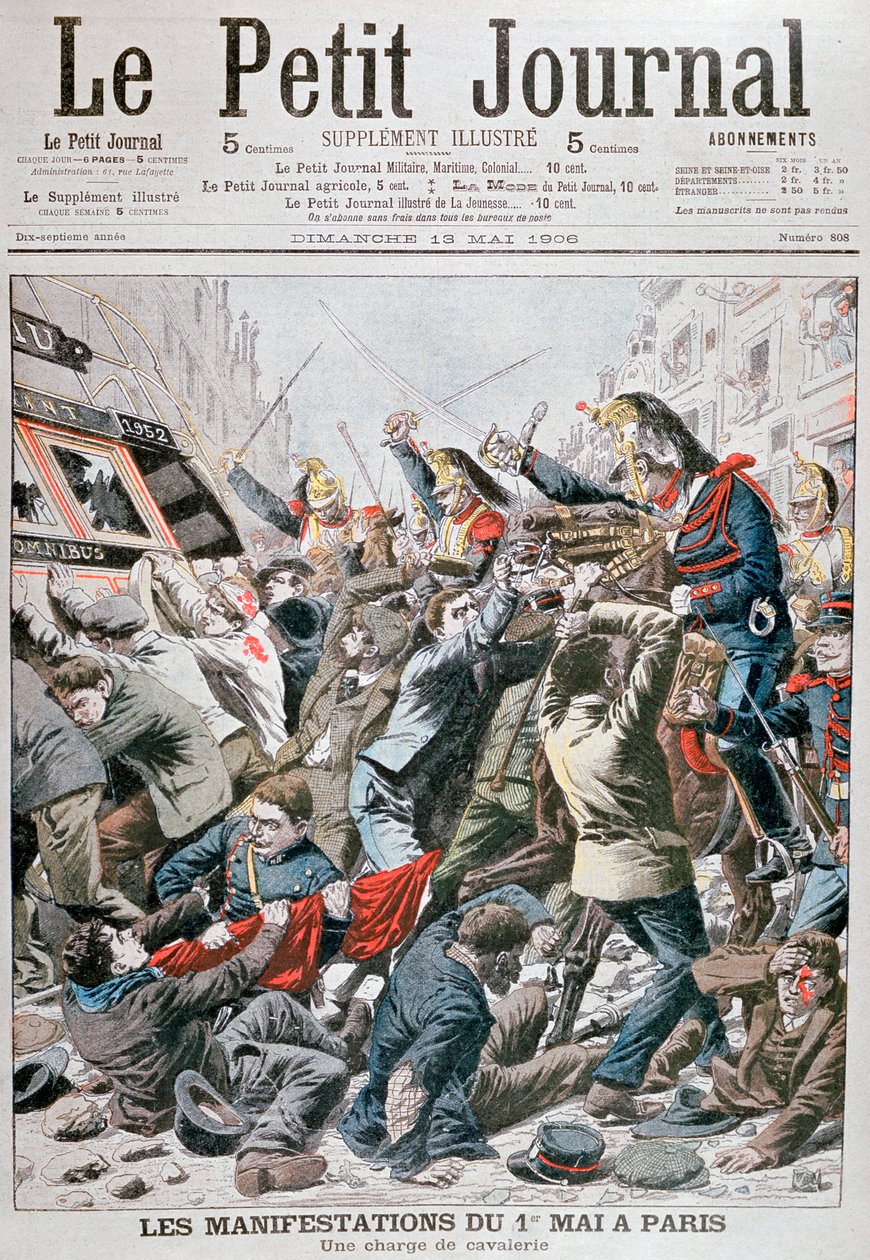 Kavalleriets anfall under demonstrationen den 1 maj i Paris 1906 av Unbekannt