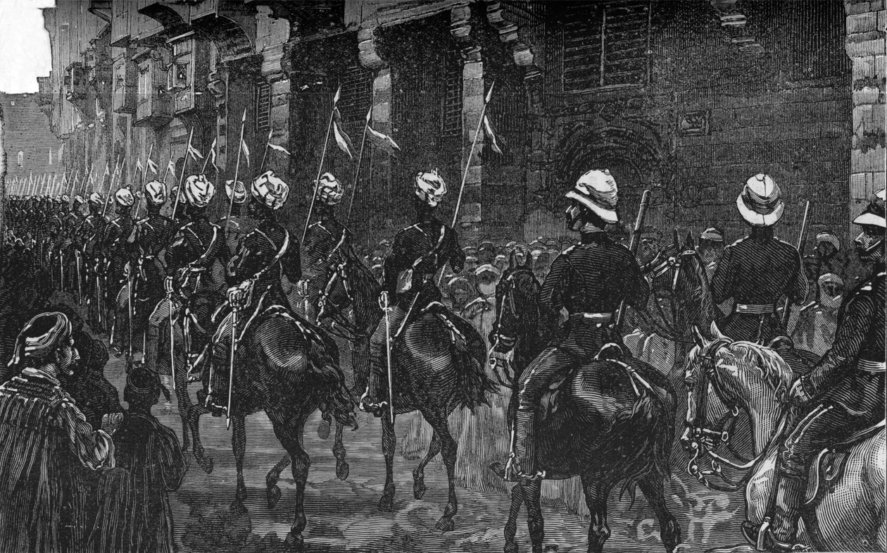 Kavalleridemonstration i det arabiska kvarteret, Kairo, c1882-85 av Unbekannt