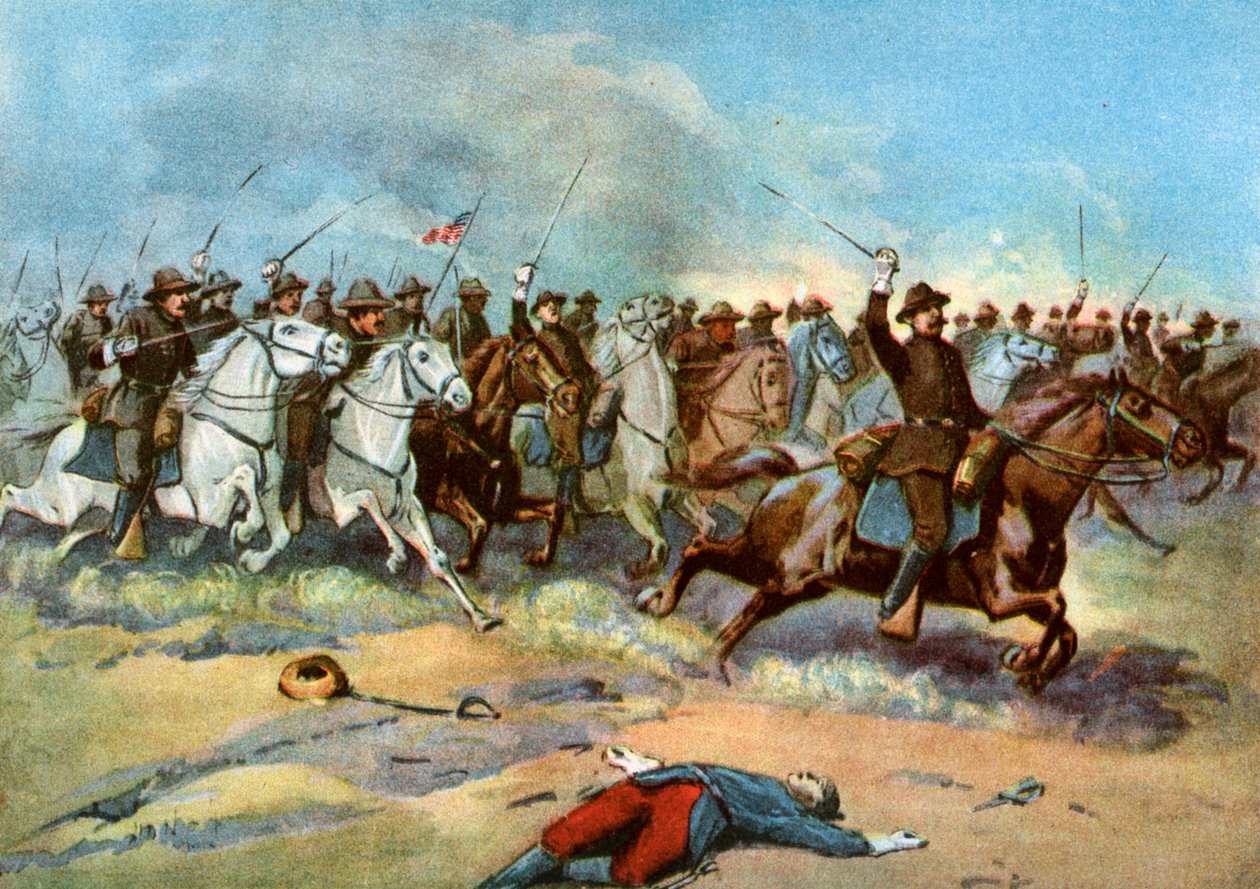 Kavalleriets anfall av amerikanska stamgäster, spansk-amerikanska kriget, 1898 av Unbekannt