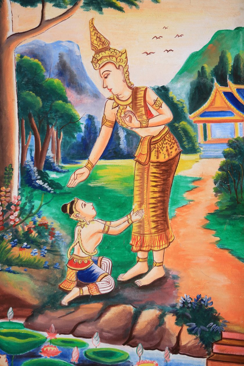 Takkonstverk som visar Buddhas liv. Wat Si Sou Mang Karam-templet. Vieng Vang. Laos, 20151102, Vieng Vang, Laos av Unbekannt