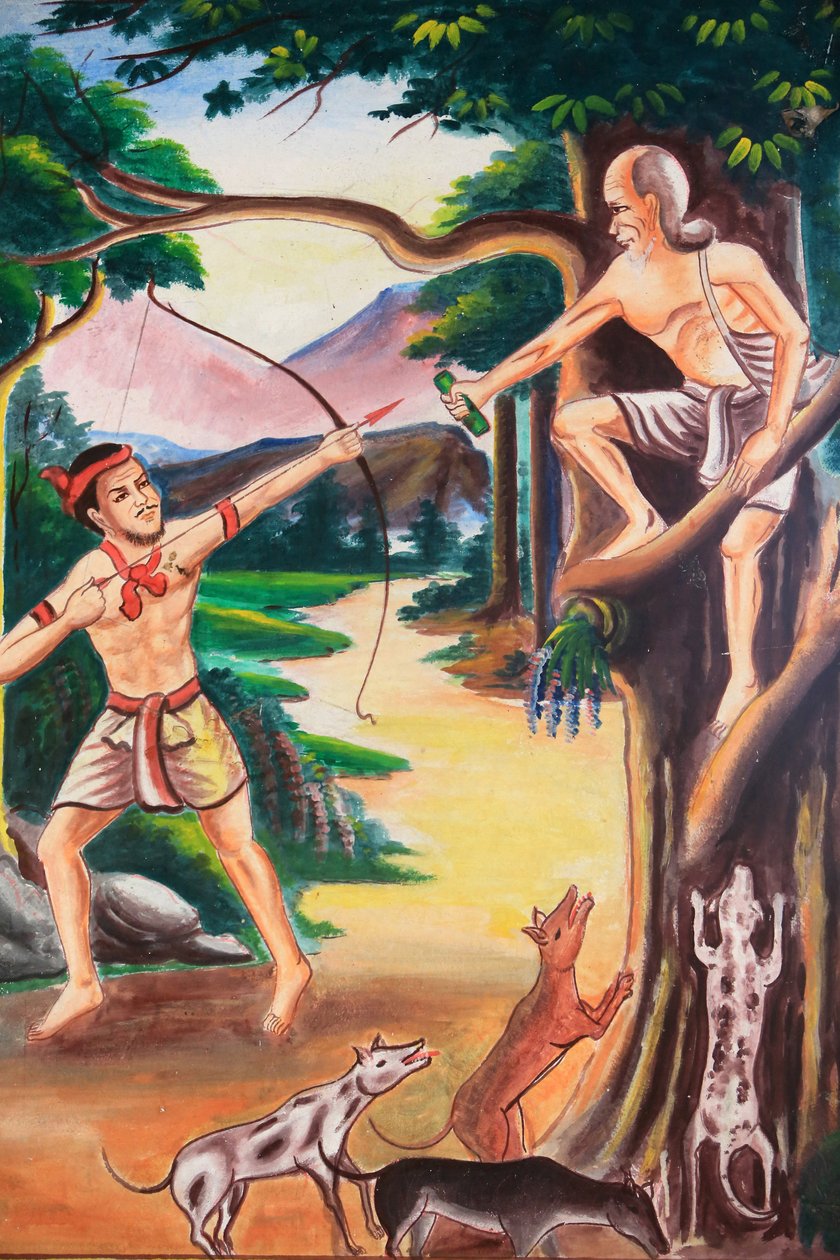 Takkonstverk som visar Buddhas liv. Wat Si Sou Mang Karam-templet. Vieng Vang. Laos, 20151102, Vieng Vang, Laos av Unbekannt