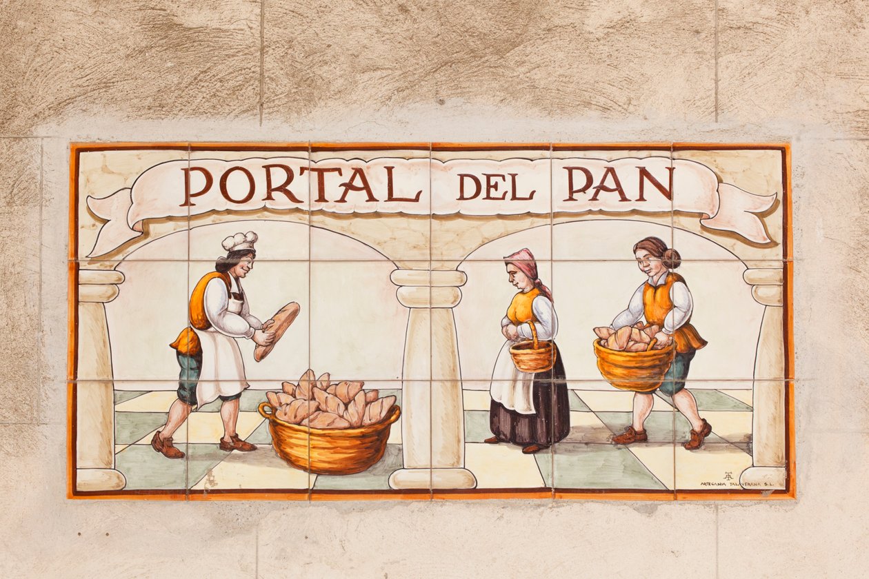 Målning av keramiska plattor av brödförsäljarens stånd från 1600- eller 1700-talet på Plaza Mayor, Trujillo, Caceres-provinsen, Spanien av Unbekannt