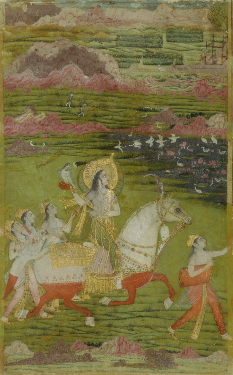 Chand Bibi Hawking med skötare i ett landskap, ca. 1700. av Unbekannt