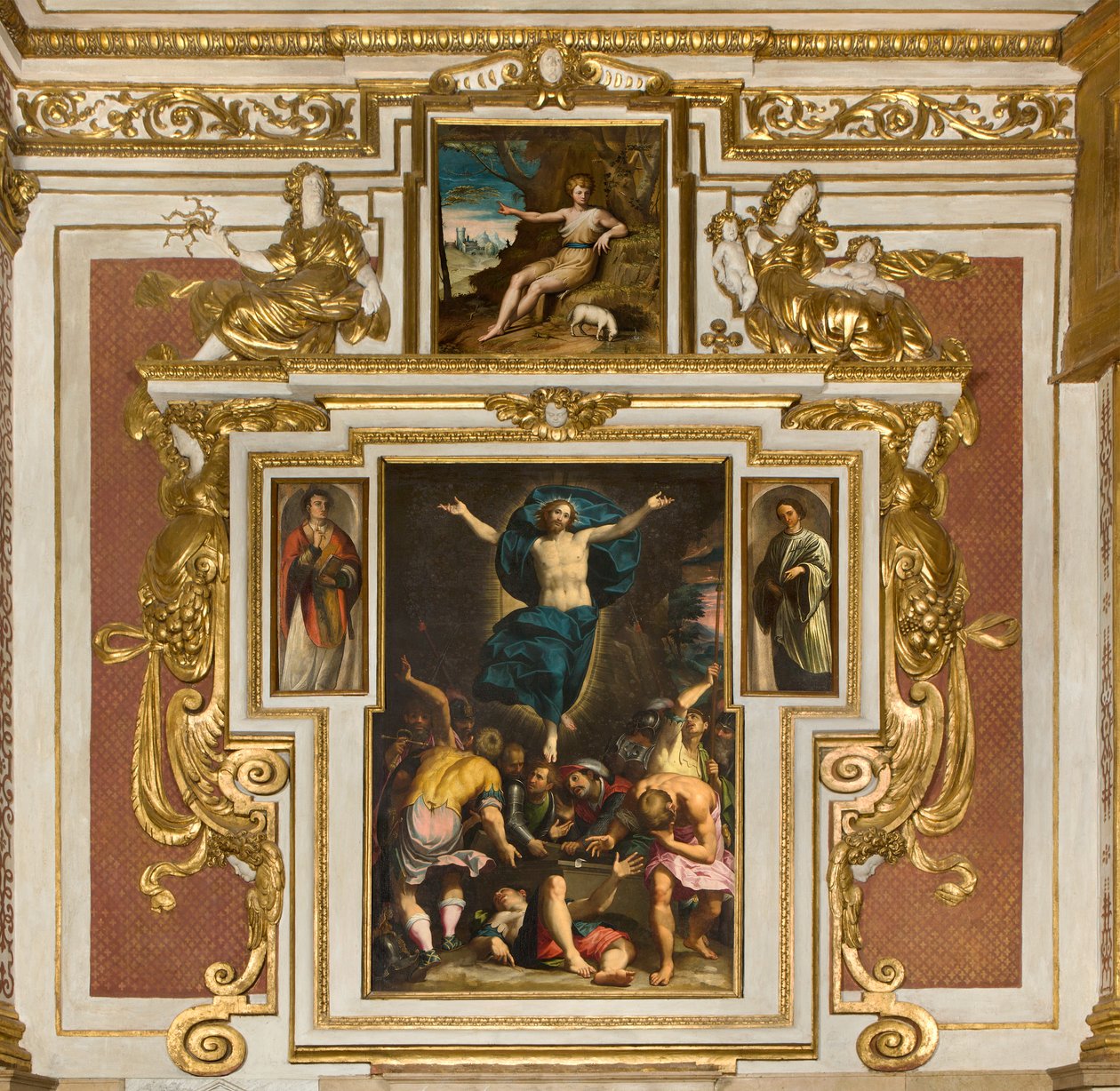 Chapel of Our Lady of the People, andra spannets sydsida, Giovan Battista Trotti känd som Malosso, Resurrection 1594, Bernardino Campi, San Giovanni nel öknen 1569, Cathedral of Santa Maria Assunta, Duomo, Cremona, Lombardiet, Italien (foto) av Unbekannt