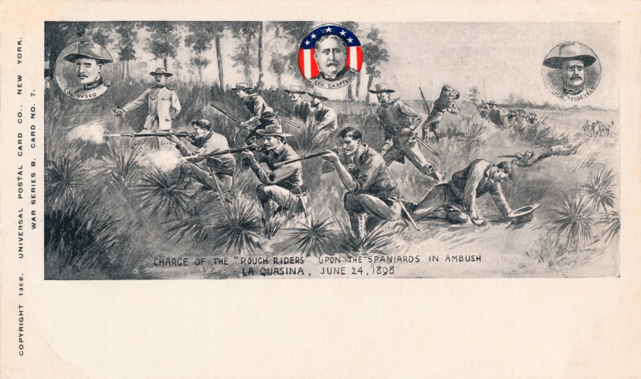 Anklagelsen från Rough Riders mot spanjorerna i Bakhåll, La Quasina, 24 juni 1898, c1900 av Unbekannt