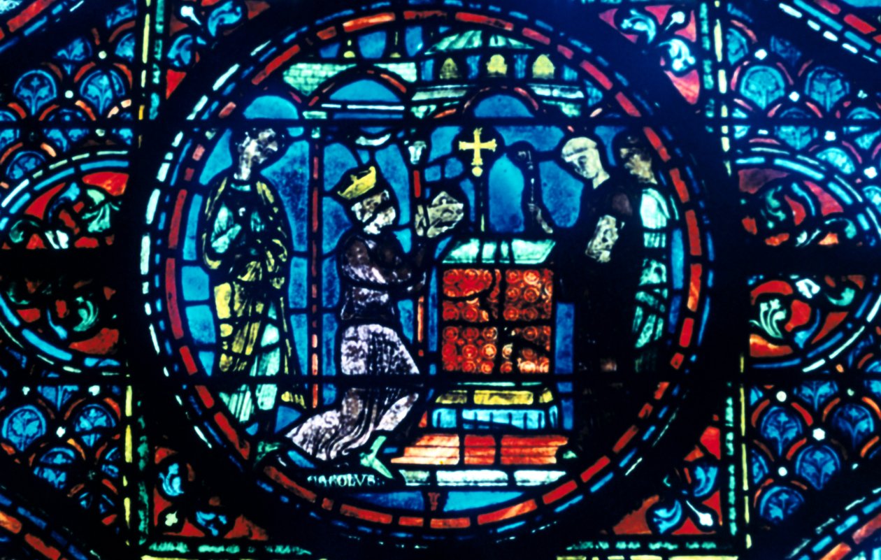 Karl den Store ger reliker till kapellet i Aix, målat glas, Chartres katedral, Frankrike, c1225 av Unbekannt