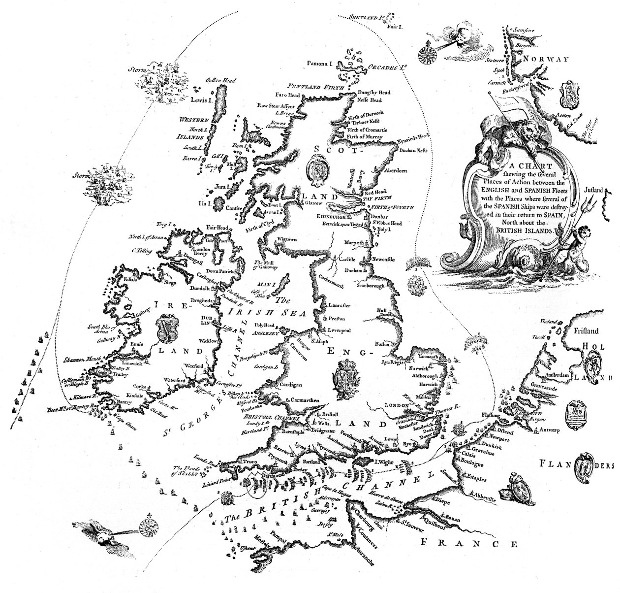 Karta över den spanska armadakursen, 1588 1893 av Unbekannt
