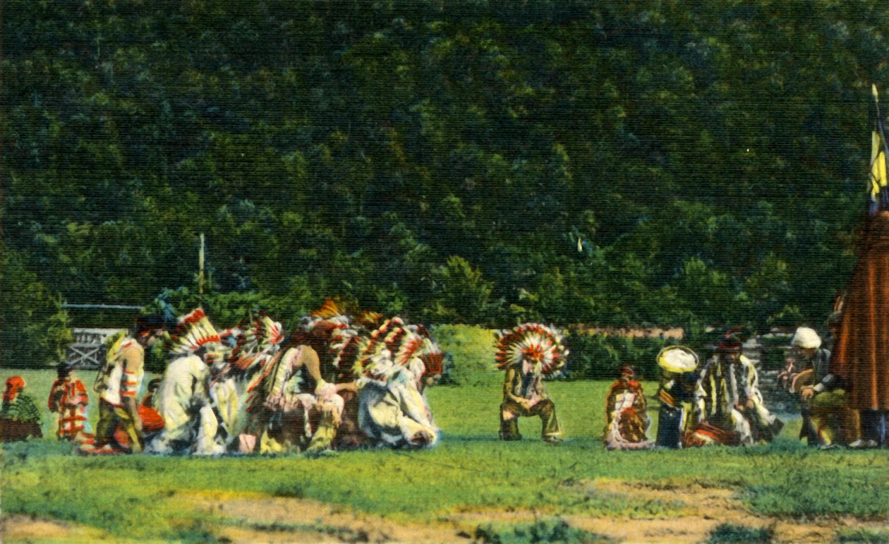 Cherokee-indianer i full ursprunglig kostym i en av deras ceremoniella danser - On Cherokee Indian Rese av Unbekannt