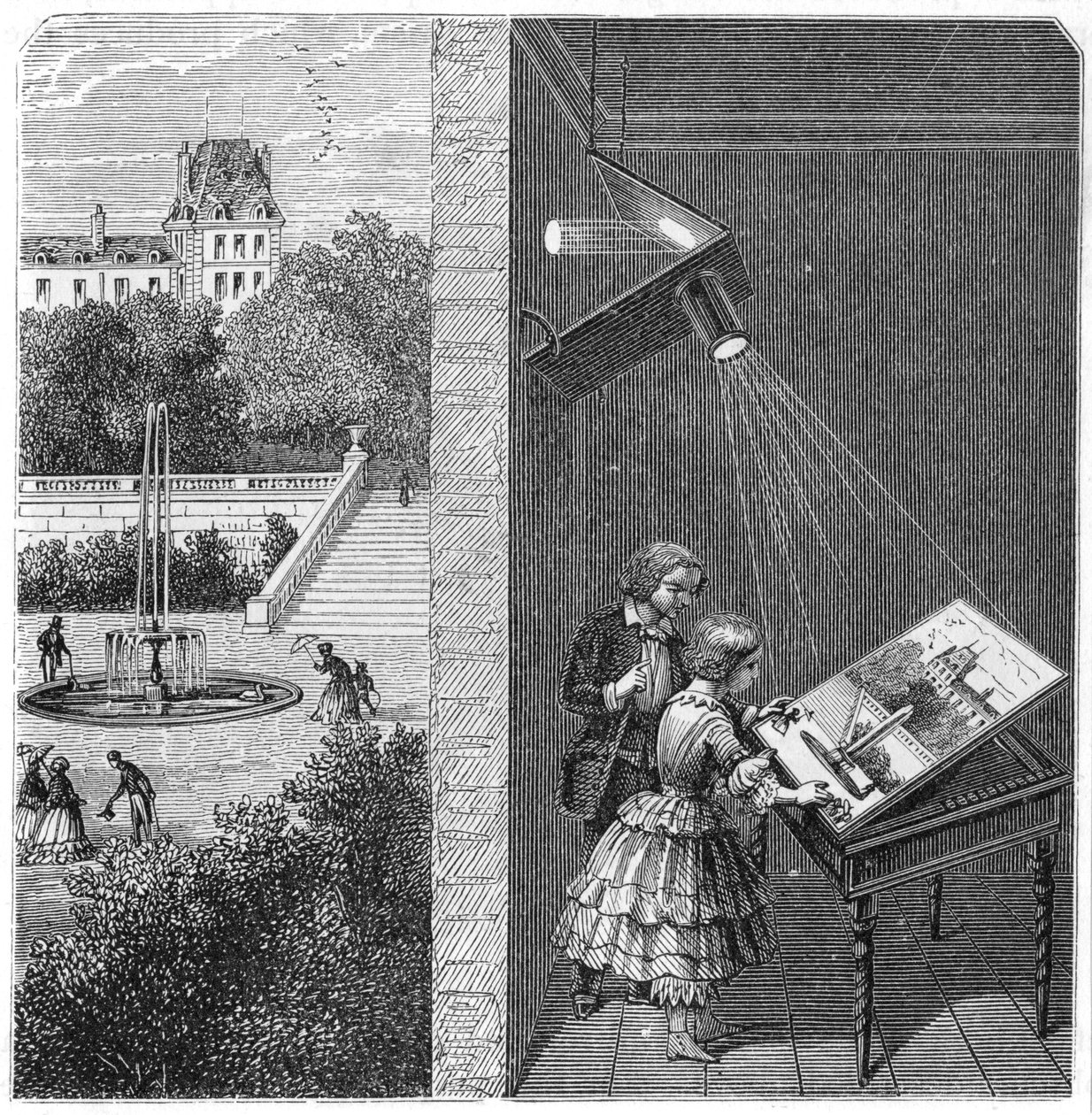 Barn som tittar på en utomhusscen genom en camera obscura, 1887 av Unbekannt