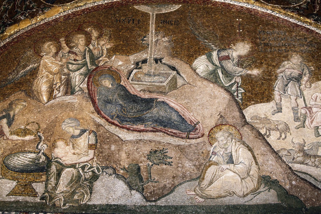 Chora kyrka museum: Jesu födelse mosaik (Maria vilar efter att ha fött, Josef sitter) Istanbul Turquie av Unbekannt