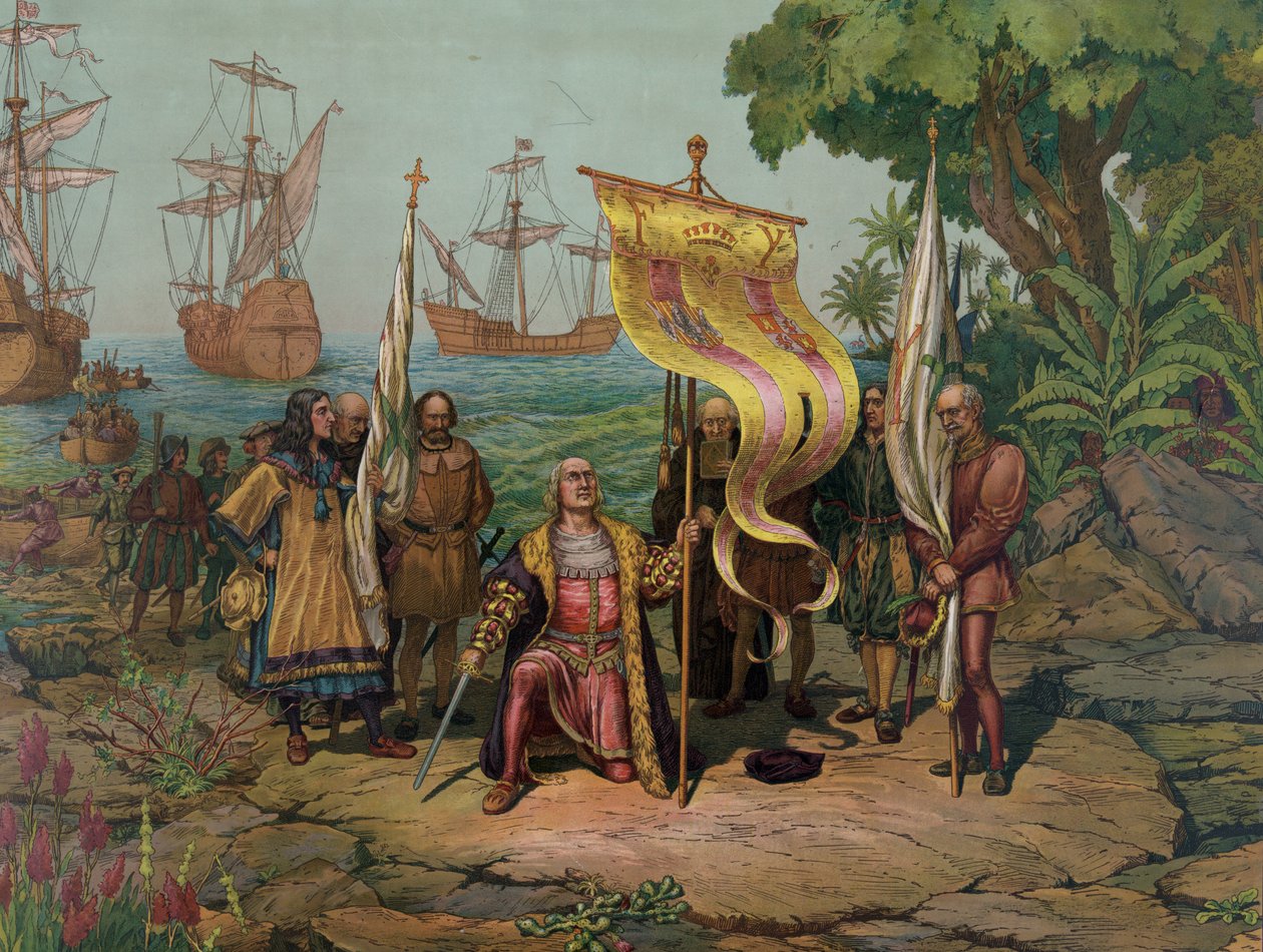 Christopher Columbus (1451 - 1506) hävdar den "nya världen" för Spanien (litografi) av Unbekannt