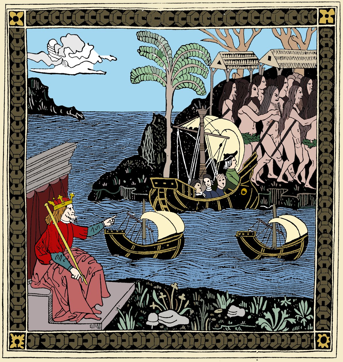 Christopher Columbus Discovering America, träsnitt, 1493 av Unbekannt