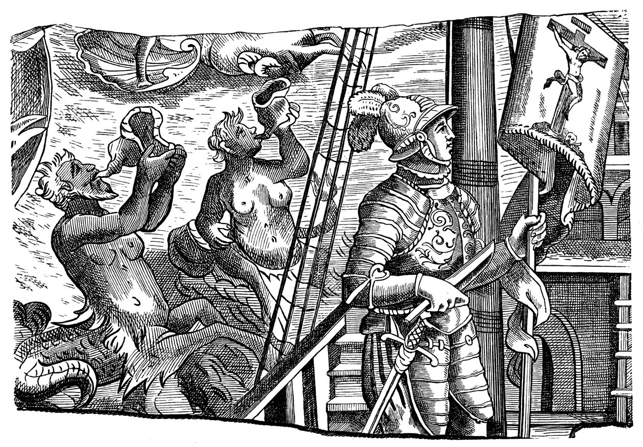 Christopher Columbus under sin resa till Amerika, Gravyr, c1500 av Unbekannt