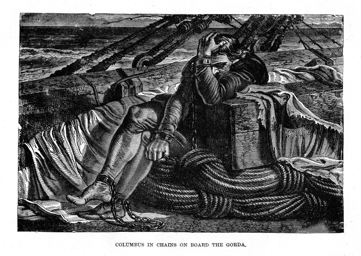 Christopher Columbus i kedjor ombord på Gorda, 1490-talet, c1872 av Unbekannt