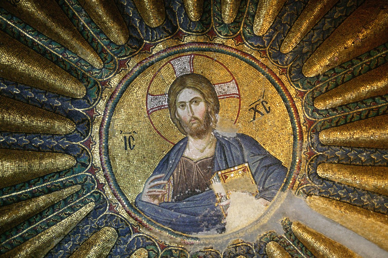Kyrkan St. Frälsaren av Chora. Takmosaik av Kristus Pantokratorn (en gloire) Istanbul Turkiet av Unbekannt
