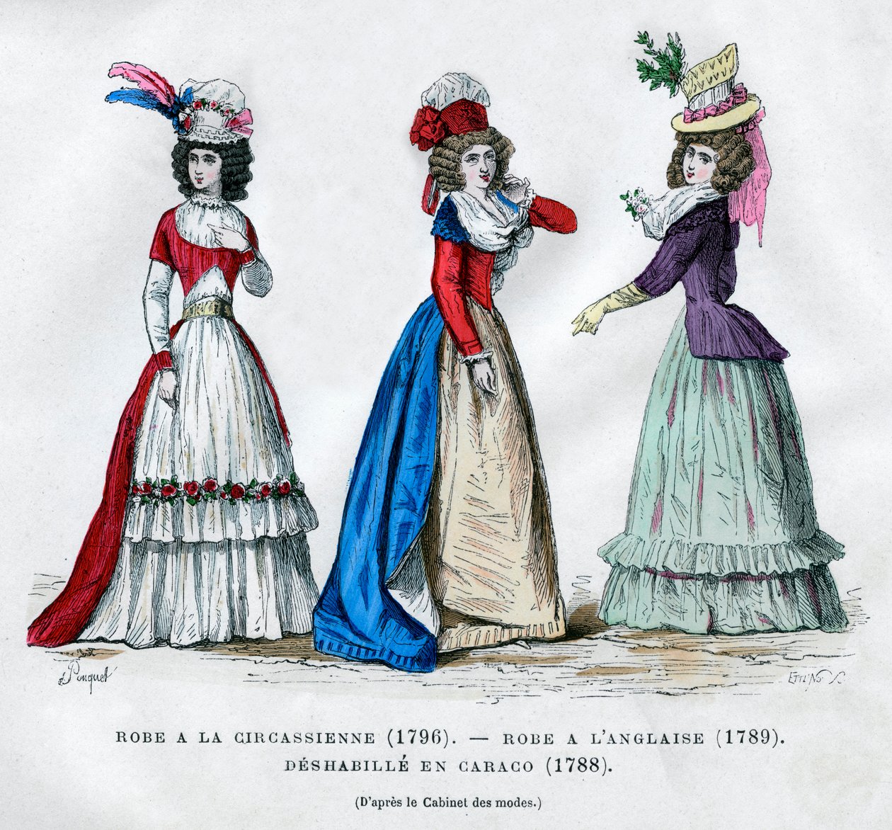 Circassian klänning, 1796, engelsk klänning, 1789, och caraco housecoat, 1788 1882-1884 av Unbekannt