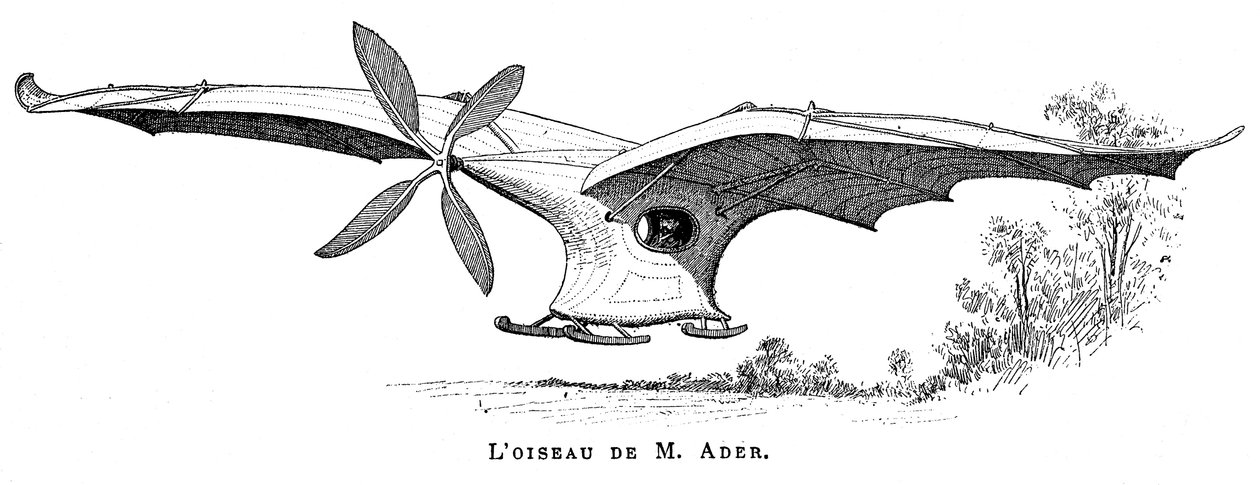 Clement Aders flying bird Eole, the first piloted plane to take off under its own steam, 1890 av Unbekannt