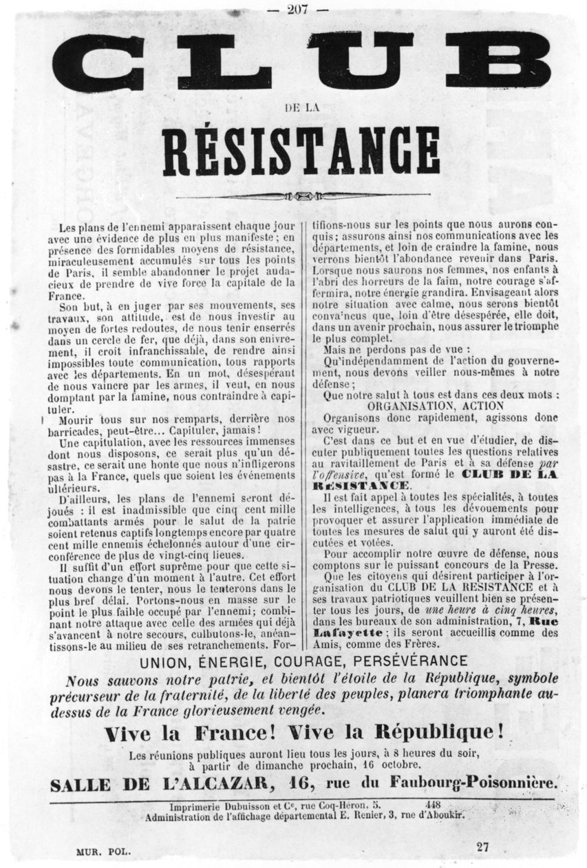 Club de la Resistance, från franska politiska affischer från Pariskommunen, maj 1871 av Unbekannt
