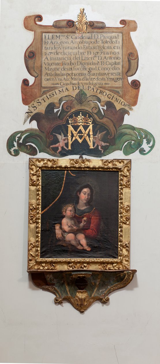 Kollegial kyrka. Inuti. Måla Madonna med barnet, olja på duk. En vägg som målar legenden (legenden om Vår Fru av Patrocinio). av Unbekannt